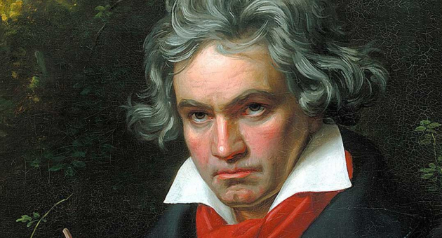 Schilderij portret Beethoven serieus schrijvend in bladmuziek.jpg