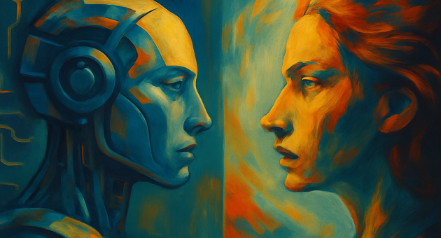 Schilderachtige compositie van een robot en een vrouw die elkaar recht aankijken, met contrasterende kleuren en stijlen