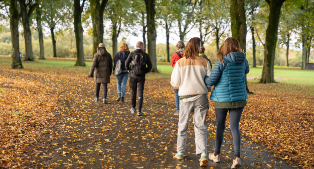 Mensen die lopen in het bos tijdens de herfst