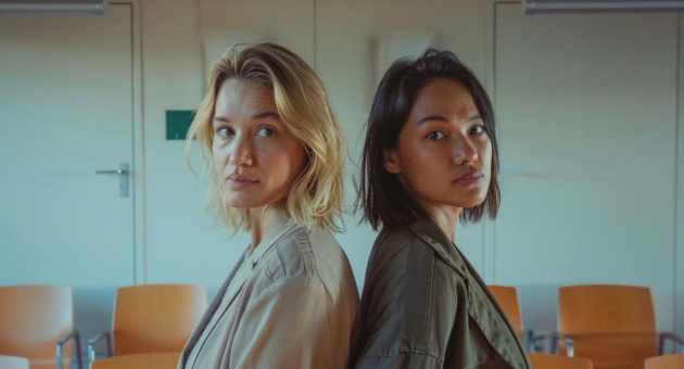 Twee dames staan met ruggen tegen elkaar aan