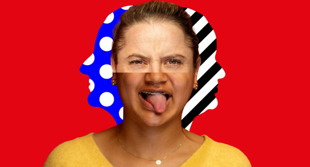 Vrouw in gele trui steekt tong uit met grafische silhouetten op rode achtergrond