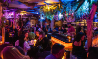 De foto toont een levendige en sfeervolle bar met een tropisch en modern interieur. 