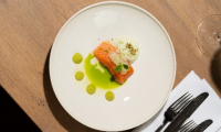 A piece of salmon with green sauce and cream on a plate.