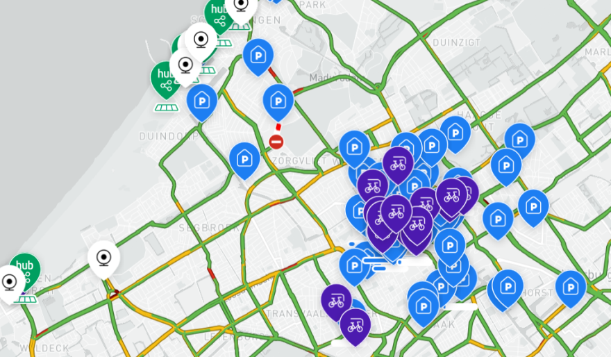 Kaart van Den Haag met daarop de parkeergarages, hubs en fietsenstallingen afgebeeld Kaart van Den Haag met daarop de parkeergarages, hubs en fietsenstallingen afgebeeld
