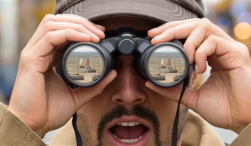 Man kijkt verrast door een verrekijker naar een van afbeelding Panorama Mesdag Man kijkt verrast door een verrekijker naar een van afbeelding Panorama Mesdag