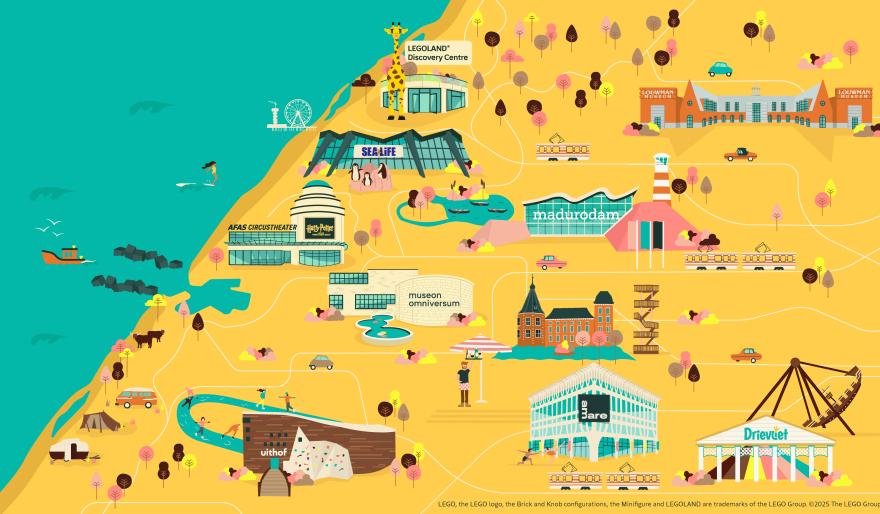 Illustratieve kaart met populaire attracties in Den Haag