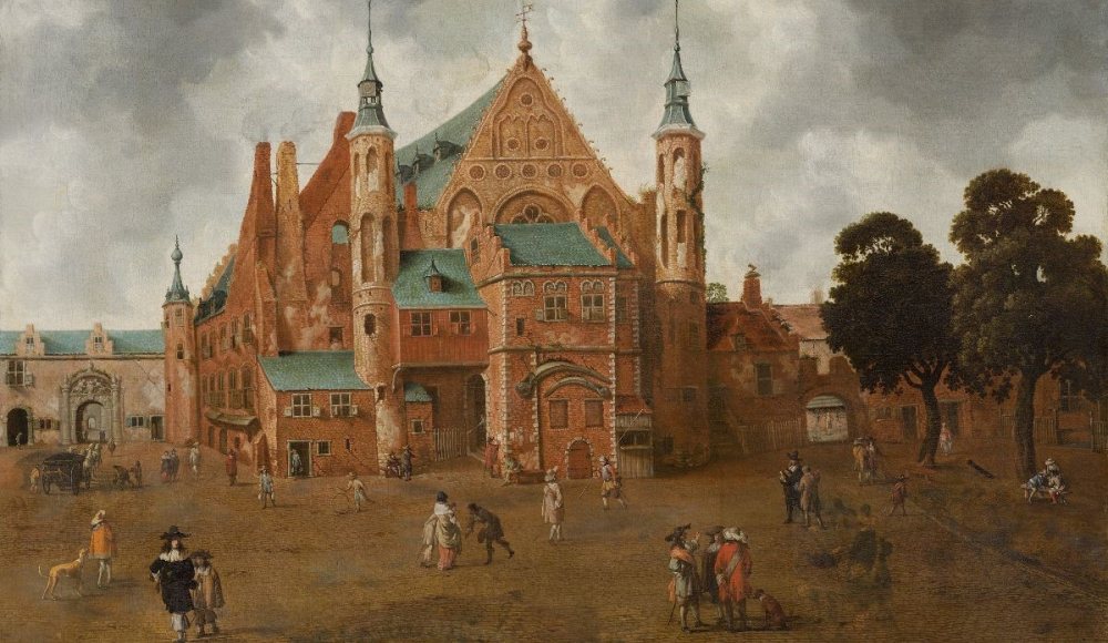 Schilderij van het Binnenhof en Ridderzaal in oude tijden Schilderij van het Binnenhof en Ridderzaal in oude tijden
