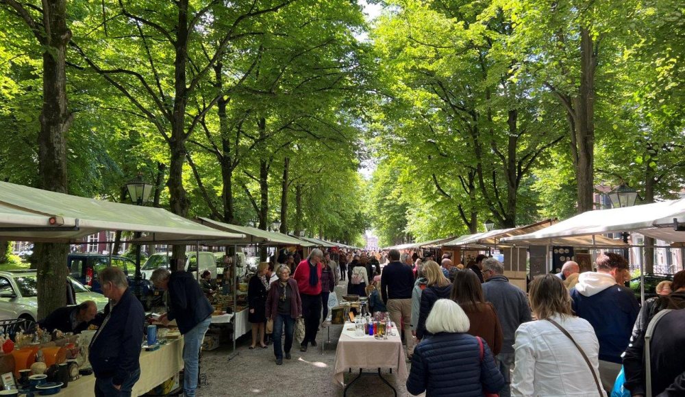 De sfeervolle Haagsche Kunst en Antiekdagen vol kraampjes onder de groene bomen op het Lange Voorhout