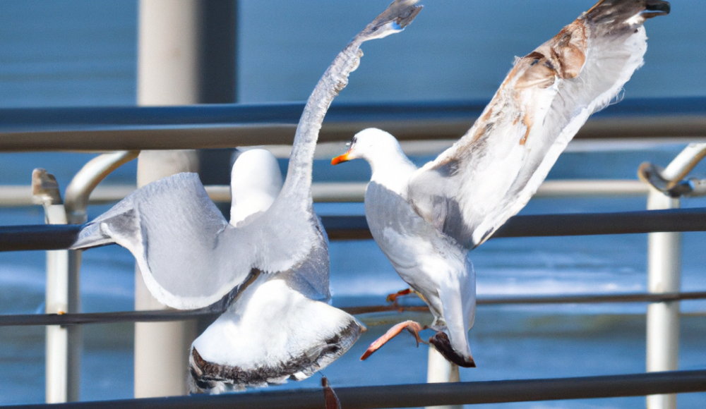 (niet gebruiken) two seagulls playing at the pier of Scheveningen (niet gebruiken) two seagulls playing at the pier of Scheveningen