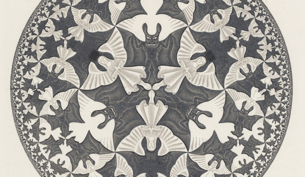 M.C. Escher. Cirkellimiet IV (Hemel en hel), houtsnede in oker en zwart, gedrukt van twee blokken)