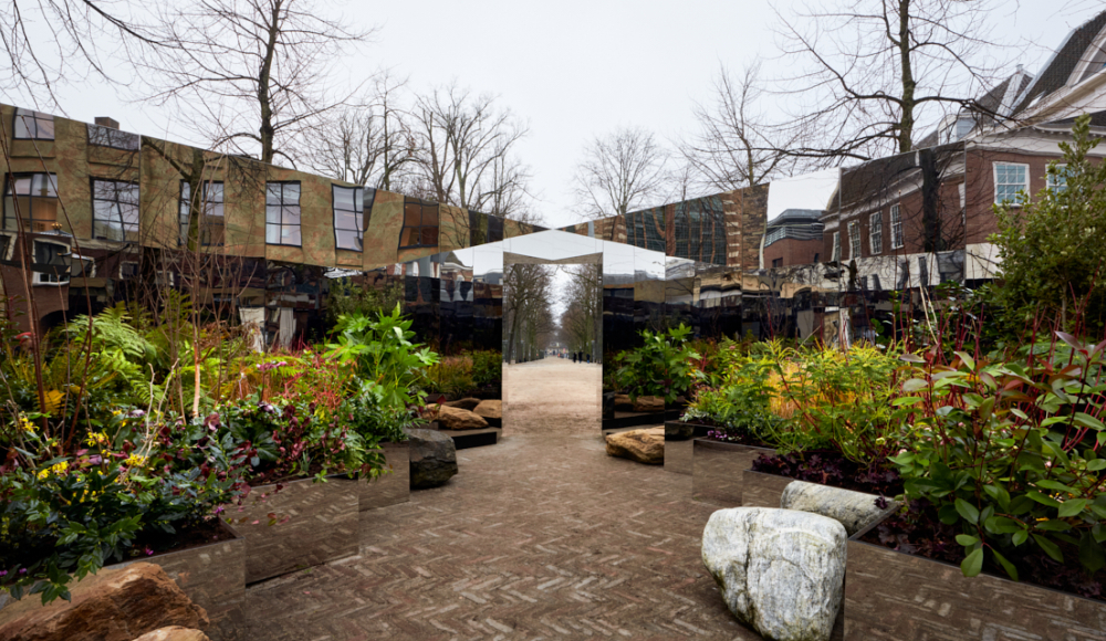 Spiegelende tuin gevuld met planten in de buitenlucht