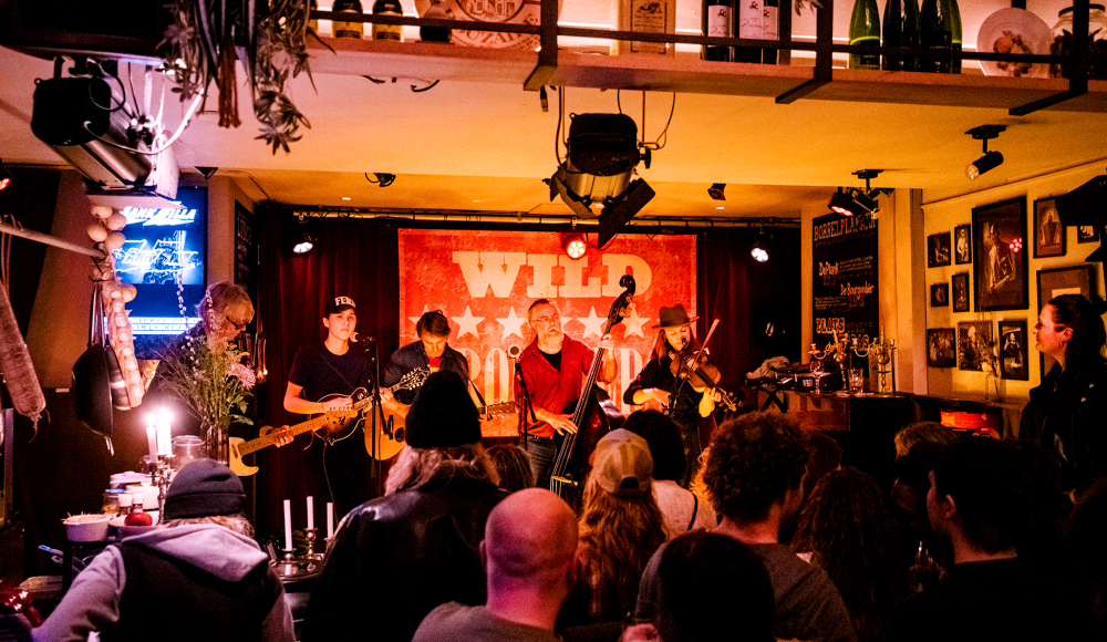 Bandje op podium en publiek tijdens Wild Rooster wintereditie.