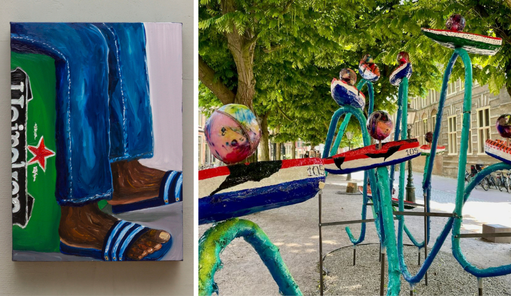 Kunstwerk met badslippers en een krat bier