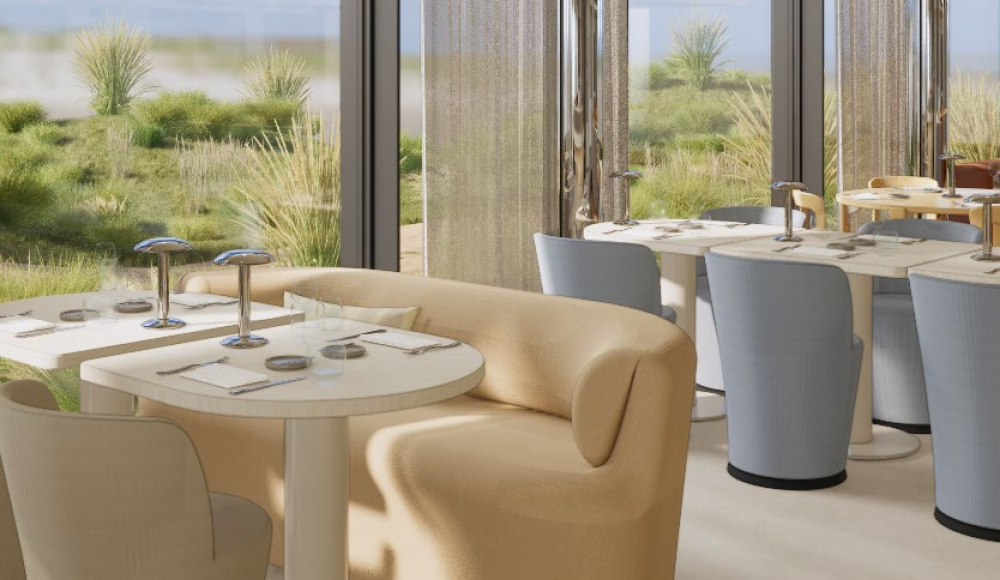 Moderne en lichte restaurantsetting met designmeubilair, grote ramen en uitzicht op een groen duinlandschap. Moderne en lichte restaurantsetting met designmeubilair, grote ramen en uitzicht op een groen duinlandschap.