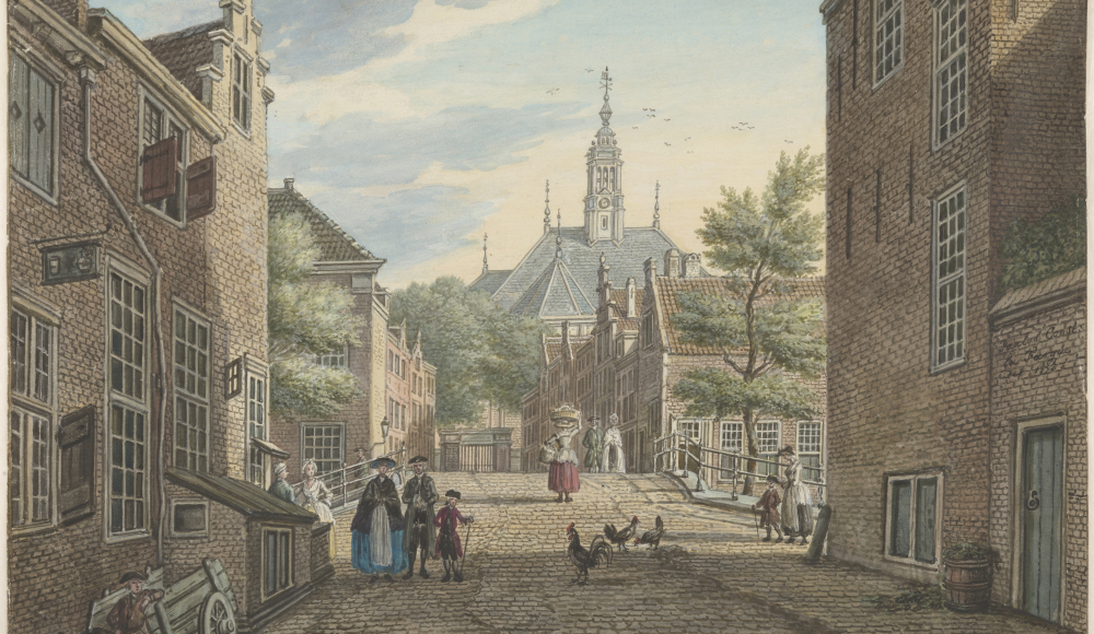 Historische tekening uit 1778 van de Kranestraat met zich op de Nieuwe Kerk in Den Haag door P.C. la Fargue Historische tekening uit 1778 van de Kranestraat met zich op de Nieuwe Kerk in Den Haag door P.C. la Fargue