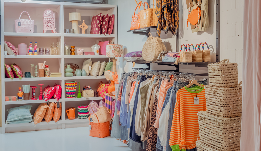 Winkel met manden en kleurrijke kleding in kledingrekken