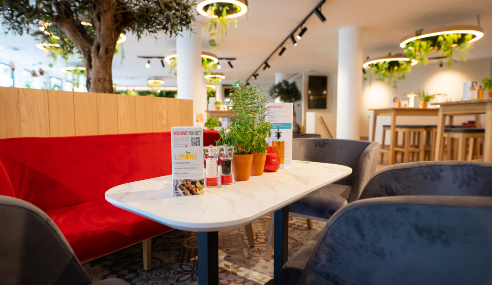 Gezellige zitplek met fluweelzachte stoelen en een rode bank met verse kruiden op tafel Gezellige zitplek met fluweelzachte stoelen en een rode bank met verse kruiden op tafel