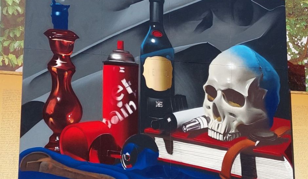 Plein street art project met Byond kunstwerk met als inspiratie Vanitas-stilleven van Pieter Claesz in het Mauritshuis.