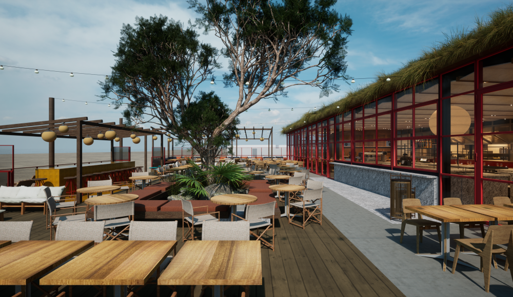 Ruim terras met houten tafels, moderne stoelen en bomen in het midden, naast een glazen paviljoen