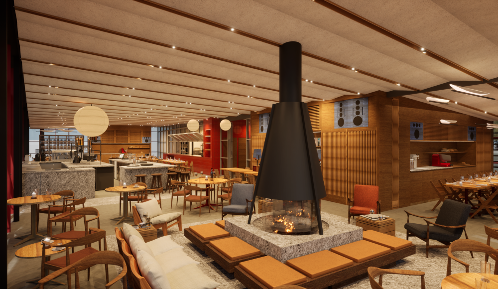 Modern restaurantinterieur met open haard, houten details en zithoeken, computergegenereerde visualisatie