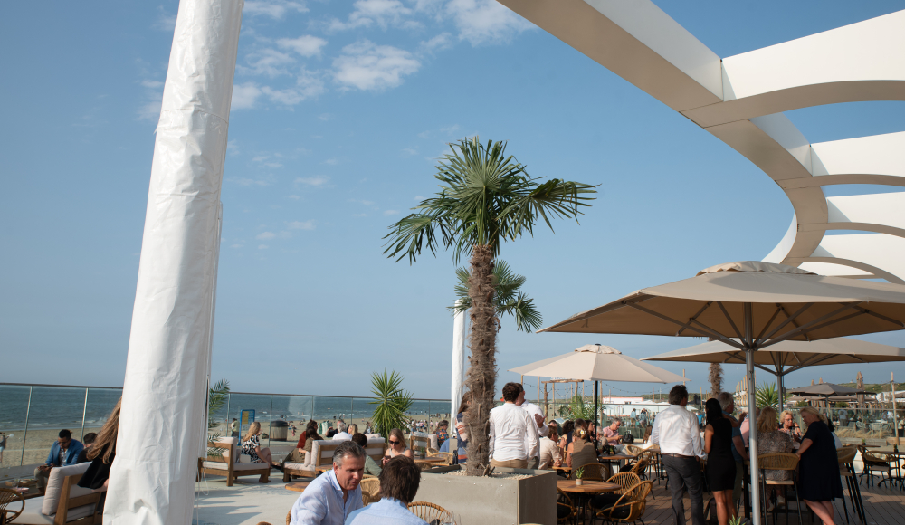 Druk terras van EVE met zeezicht en palmbomen