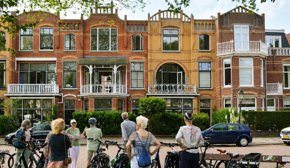 Groep mensen met fietsen voor kleurrijke woningen met Art Nouveau gevels in Den Haag.