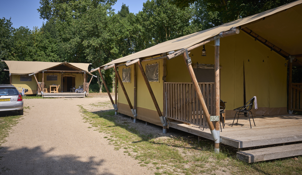 Zwei Glamping-Zelte mit Holzveranden in einem bewaldeten Bereich.