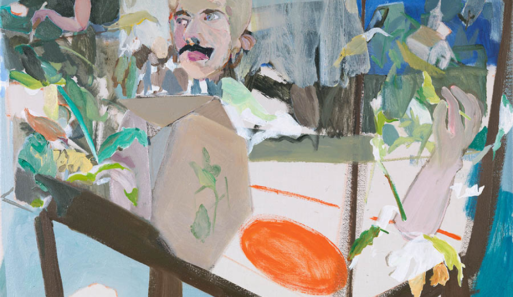 Modern schilderij met planten en gezicht. Abstract schilderij met een gezicht en planten in potten.