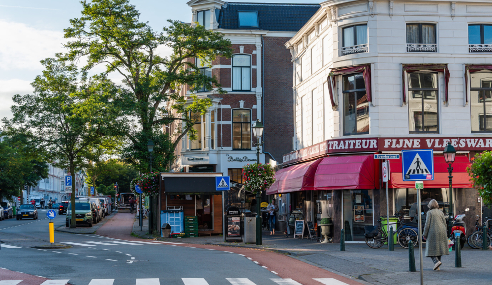 Een straatbeeld in Den Haag met bomen en een markante winkel. (c) Jort Stengs