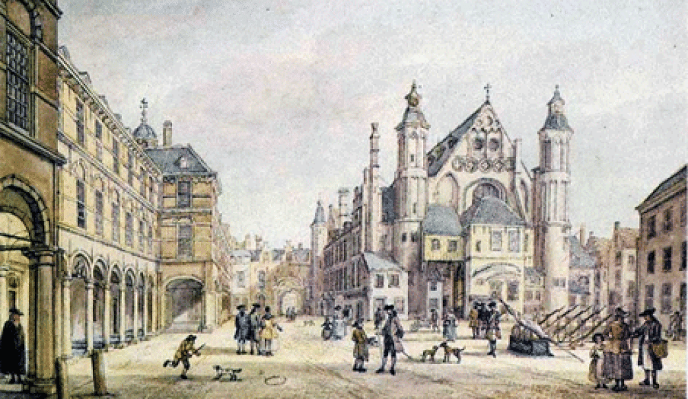 Historic drawing of the Binnenhof in The Hague from 1768, showing people in 18th-century attire and the Ridderzaal