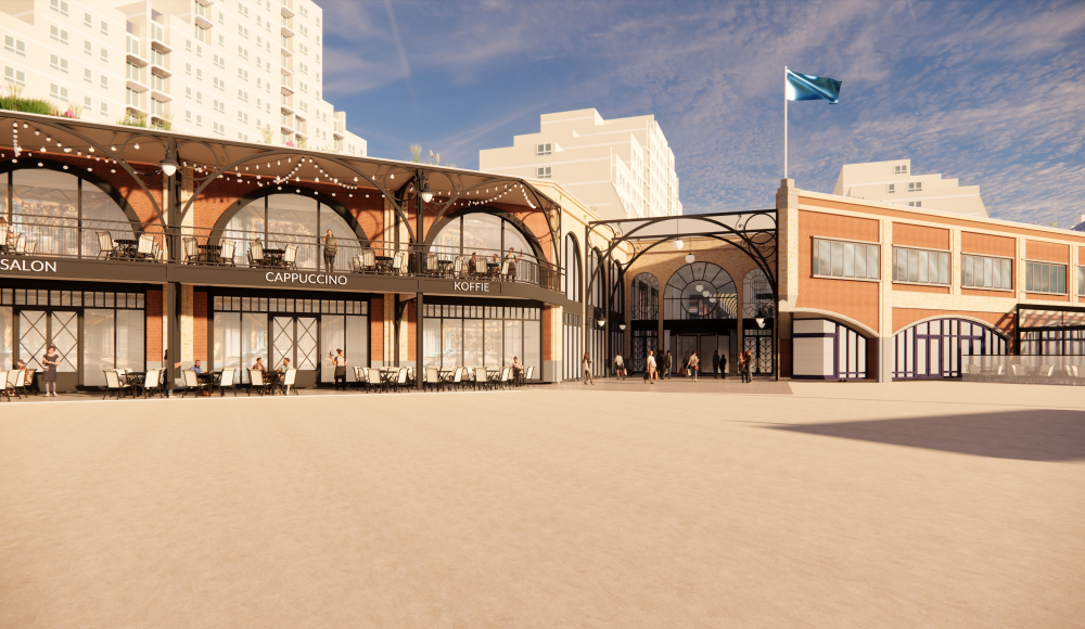 Modern gebouw met horecagelegenheden. Strak gebouw met terrassen en mensen op het plein in Den Haag