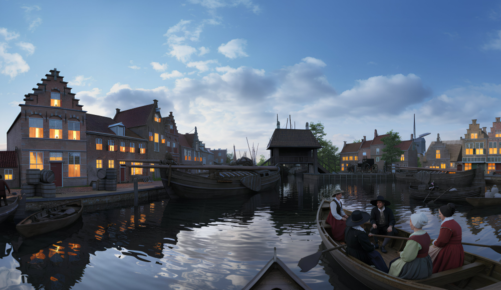 Haven met historische huizen en boten bij avondlicht.