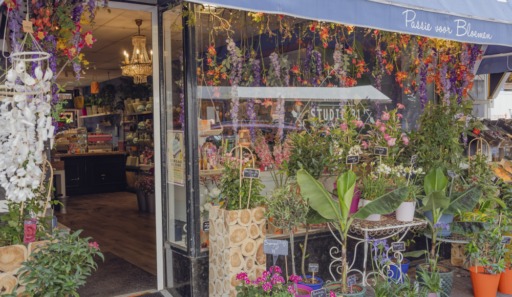 Façade d'un fleuriste avec des plantes et des fleurs colorées.