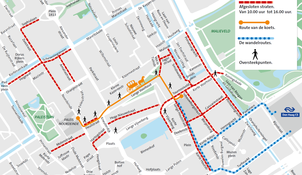 Plattegrond met afgesloten straten en wandelroutes in Den Haag.