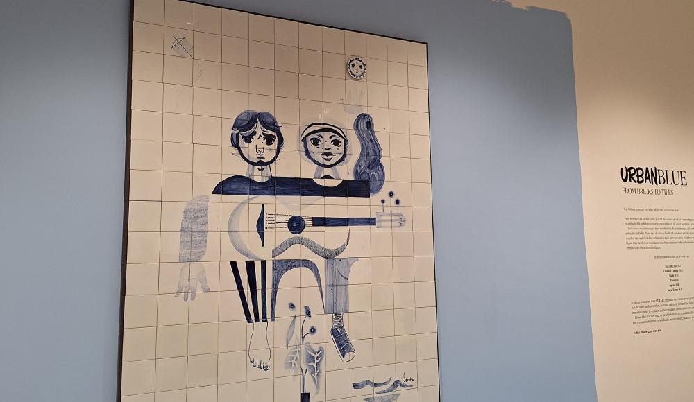 Gestileerd kunstwerk met twee figuren en een gitaar.