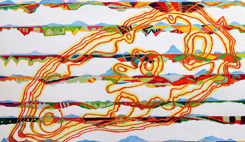 An abstract painting with colorful lines and shapes.