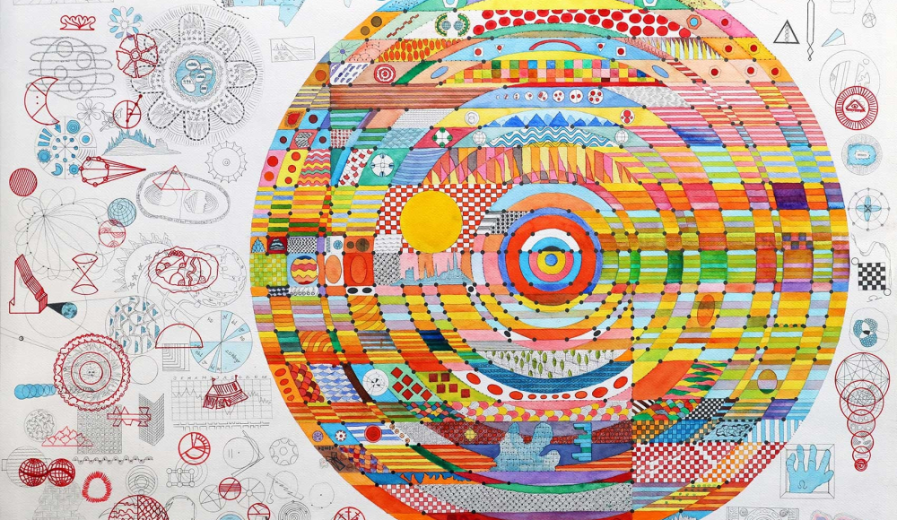 Abstract drawing featuring colorful circles and patterns.