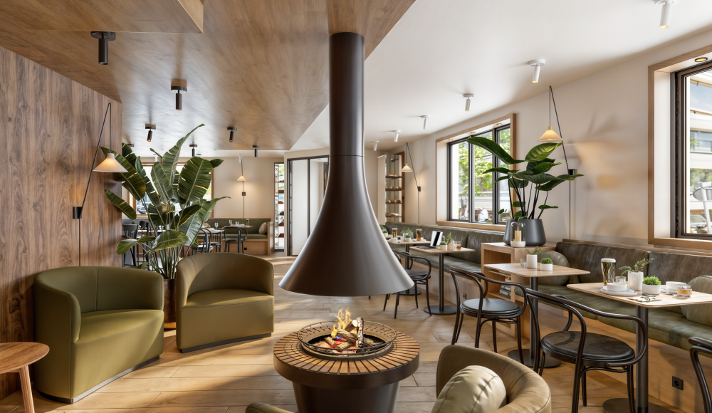 Een gezellig zitje bij de open haard in Jolie Cafe Manger in Townhouse Hotel The Hague Jolie Cafe Manger in Townhouse Hotel The Hague