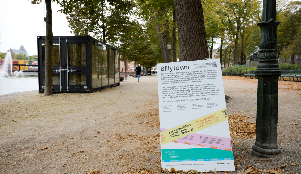 Informatiebord van Billytown naast een park in Den Haag.