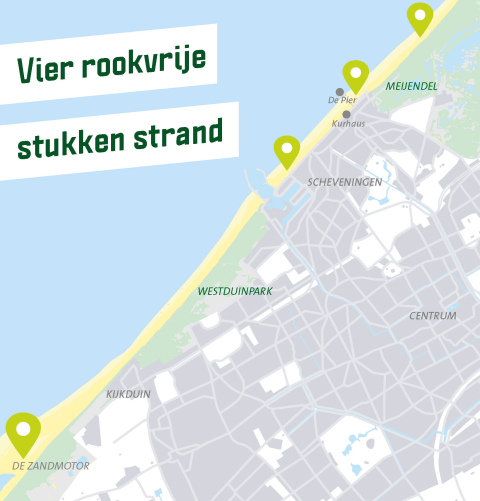 Plattegrond met daarop aangegeven de rookvrije zones Zuiderstrand, Noorderstrand, De Pier en Sportstrand. Plattegrond met daarop aangegeven de rookvrije zones Zuiderstrand, Noorderstrand, De Pier en Sportstrand.
