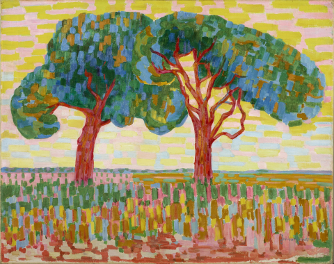 "Kleurrijk schilderij door Jacoba van Heemskerck van twee bomen met felrode stammen en levendige kronen in groen- en blauwtinten. De achtergrond bestaat uit abstracte penseelstreken in pastelkleuren die een zonnig, bijna dromerig landschap suggereren "Kleurrijk schilderij door Jacoba van Heemskerck van twee bomen met felrode stammen en levendige kronen in groen- en blauwtinten. De achtergrond bestaat uit abstracte penseelstreken in pastelkleuren die een zonnig, bijna dromerig landschap suggereren