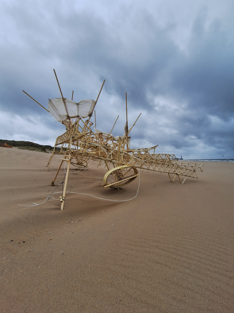 Strandbeest van Theo Jansen op het strand.