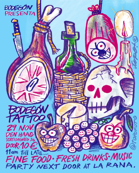 Kleurrijke Bodegón Tattoo flyer. Illustratie van eten en drank voor Bodegón Tattoo evenement.