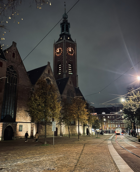 Oude Kerk in Den Haag verlicht 's nachts, met bomen en tramsporen.