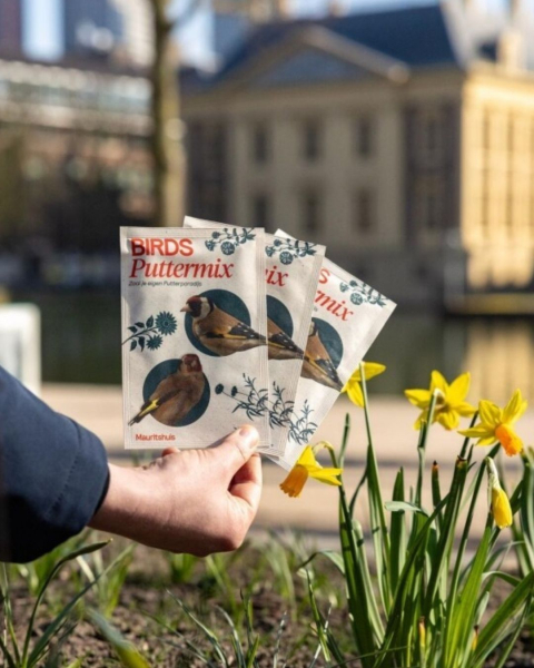 Een hand houdt zakjes met puttermix tussen gele narcissen en Mauithuis op de achtergornd.