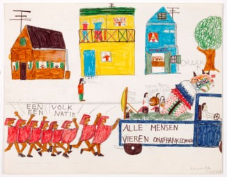 Kinderschilderij van een parade met mensen en een vrachtwagen.