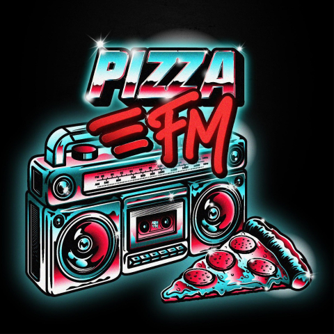Een retro boombox met de tekst Pizza FM en een stuk pizza.
