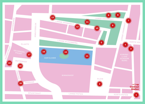A colorful map of the center of The Hague highlighting the Hofvijver.