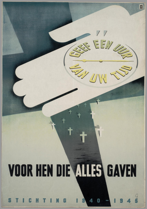 Illustratie van een hand met een klok en kruisjes eronder. Poster Stichting 1940-1945 voor een landelijke inzamelingsactie in 1948_Ontwerp_Medema.jpeg

