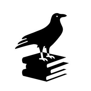 Logo Crossing border bestaande uit een zwarte vogel op een stapel boeken.